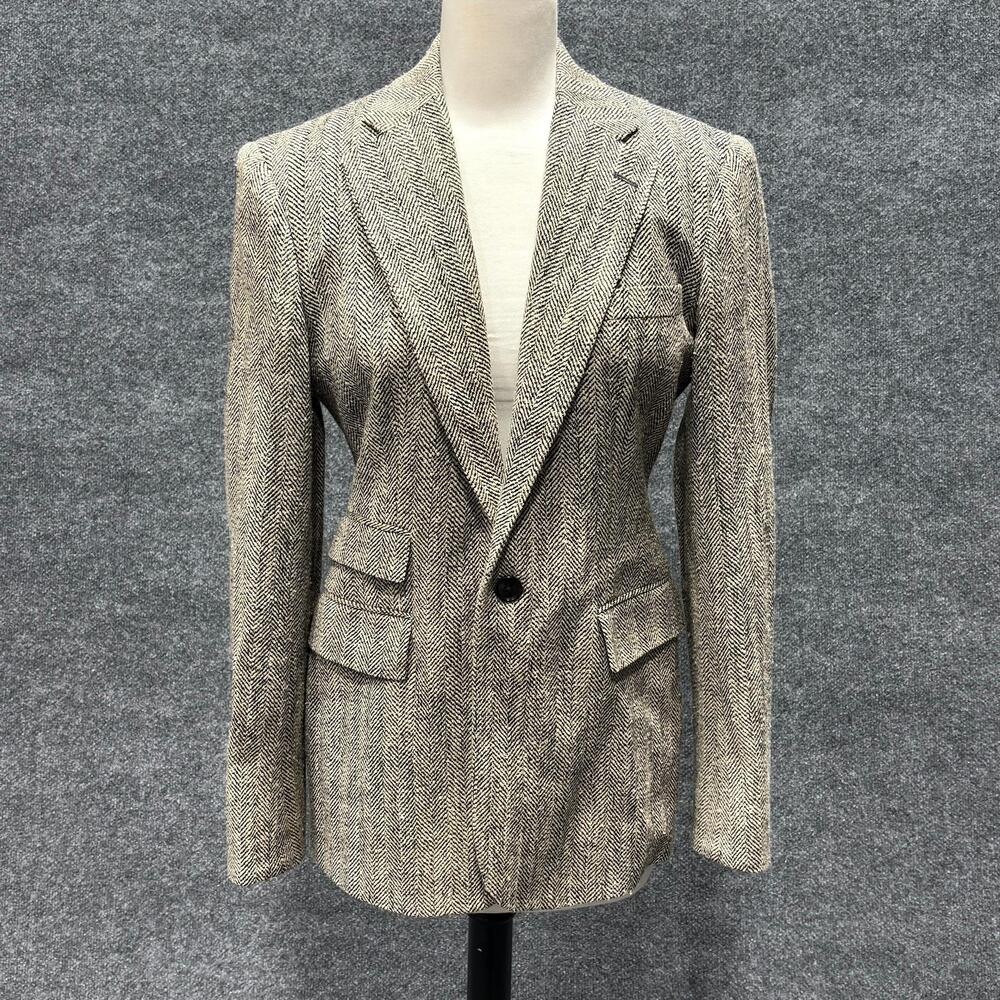 Ralph Lauren Collection Blazer Womens 6 Beige Herringbone Tweed Jacket Tailored